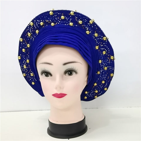 Image of Nigerian Auto Gele headtie turban head wrap with Gold Stud-FrenzyAfricanFashion.com