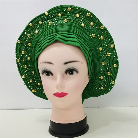 Image of Nigerian Auto Gele headtie turban head wrap with Gold Stud-FrenzyAfricanFashion.com