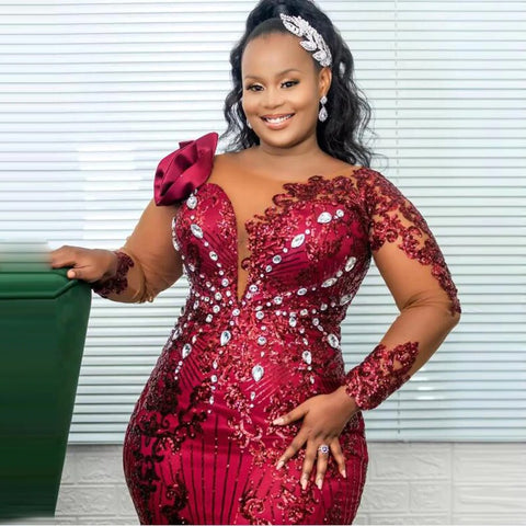 Image of Burgundy Lace Evening Dress-FrenzyAfricanFashion.com