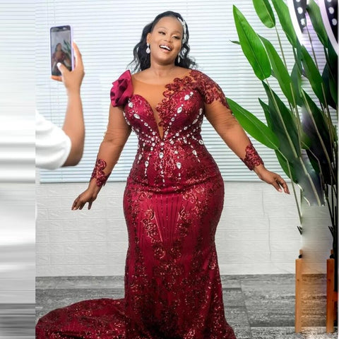 Image of Burgundy Lace Evening Dress-FrenzyAfricanFashion.com