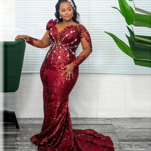 Image of Burgundy Lace Evening Dress-FrenzyAfricanFashion.com