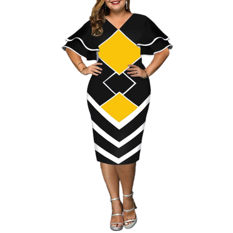 Image of Women Geometric Print Bodycon Dress with layered Sleeves-FrenzyAfricanFashion.com
