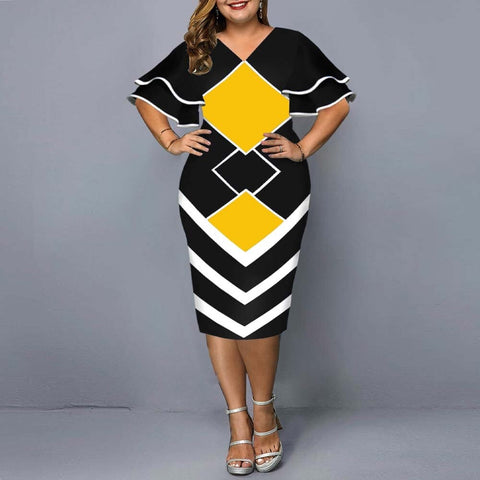 Image of Women Geometric Print Bodycon Dress with layered Sleeves-FrenzyAfricanFashion.com