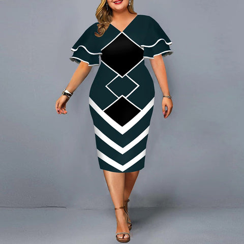 Image of Women Geometric Print Bodycon Dress with layered Sleeves-FrenzyAfricanFashion.com