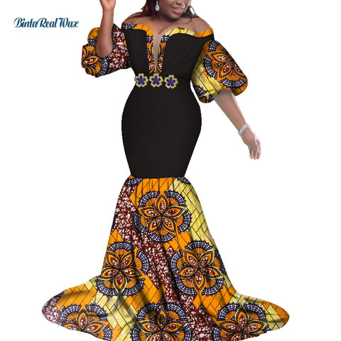 Image of African Print Dresses Women Bazin Long Mermaid Evening Dress Dashiki Clothing-FrenzyAfricanFashion.com