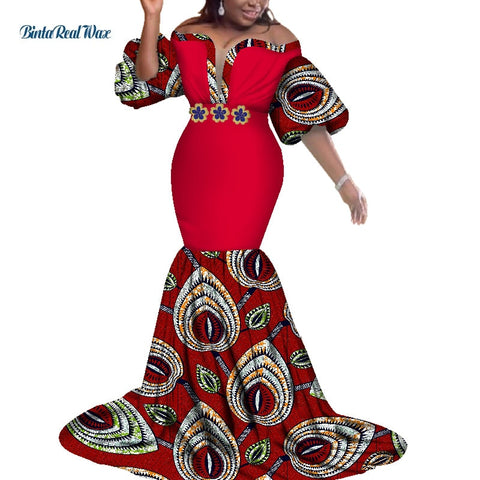 Image of African Print Dresses Women Bazin Long Mermaid Evening Dress Dashiki Clothing-FrenzyAfricanFashion.com
