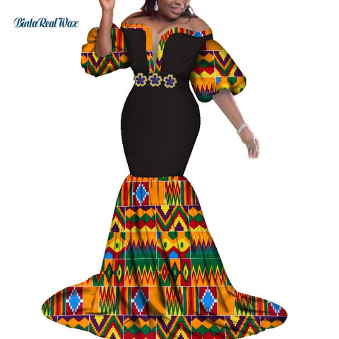Image of African Print Dresses Women Bazin Long Mermaid Evening Dress Dashiki Clothing-FrenzyAfricanFashion.com