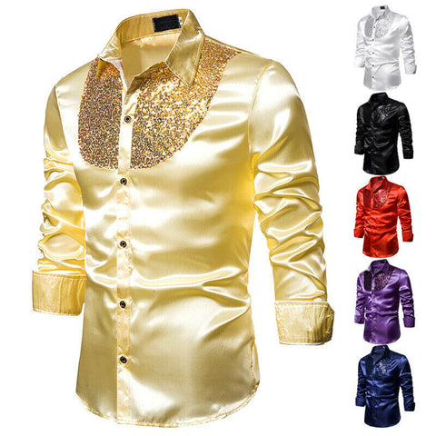 Image of Men Satin Long Sleeve Dress Shirt-FrenzyAfricanFashion.com