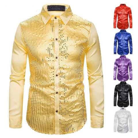 Image of Lakis Designer Luxury Sequin Satin Long Sleeve Dress Shirt-FrenzyAfricanFashion.com