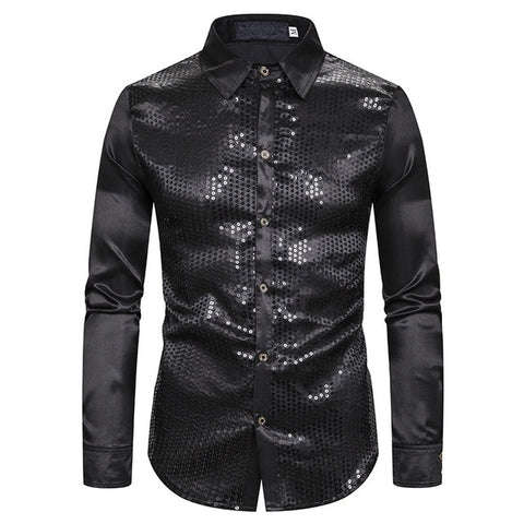 Image of Lakis Designer Luxury Sequin Satin Long Sleeve Dress Shirt-FrenzyAfricanFashion.com