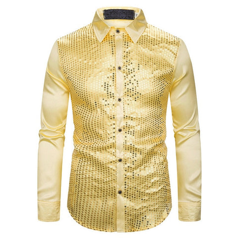 Image of Lakis Designer Luxury Sequin Satin Long Sleeve Dress Shirt-FrenzyAfricanFashion.com