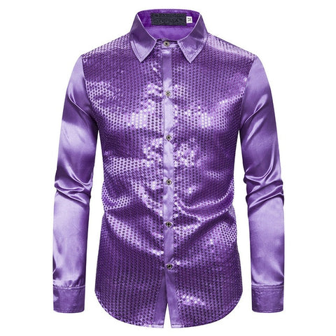 Image of Lakis Designer Luxury Sequin Satin Long Sleeve Dress Shirt-FrenzyAfricanFashion.com