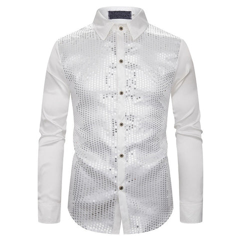 Image of Lakis Designer Luxury Sequin Satin Long Sleeve Dress Shirt-FrenzyAfricanFashion.com