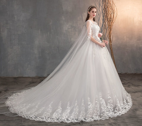 Image of Embroidered Lace Ball Gown Wedding Dress With Long Train Ivory-FrenzyAfricanFashion.com