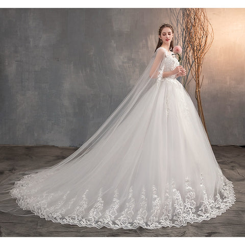 Image of Embroidered Lace Ball Gown Wedding Dress With Long Train Ivory-FrenzyAfricanFashion.com
