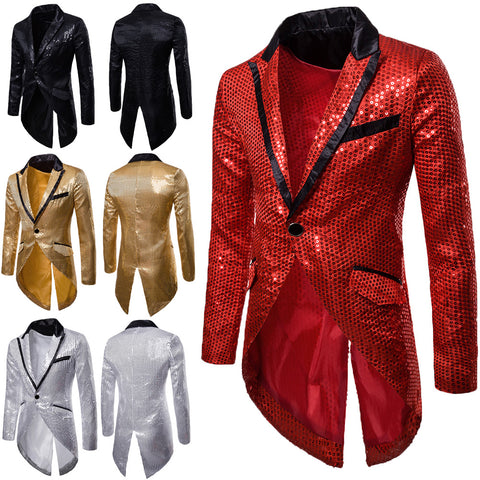 Image of Men's Blazer Tail Sequin Casual Slim Fit Formal One Button Suit Coat collar Jacket-FrenzyAfricanFashion.com