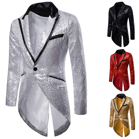 Image of Men's Blazer Tail Sequin Casual Slim Fit Formal One Button Suit Coat collar Jacket-FrenzyAfricanFashion.com