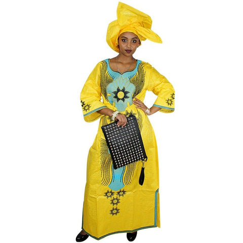 Image of Long Embroidered African Dresses with Scarf Headtie Set-FrenzyAfricanFashion.com