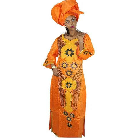 Image of Long Embroidered African Dresses with Scarf Headtie Set-FrenzyAfricanFashion.com