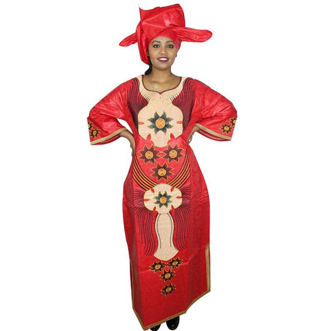 Image of Long Embroidered African Dresses with Scarf Headtie Set-FrenzyAfricanFashion.com