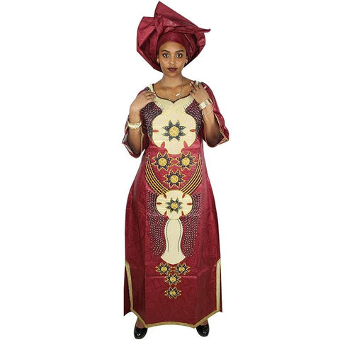 Image of Long Embroidered African Dresses with Scarf Headtie Set-FrenzyAfricanFashion.com