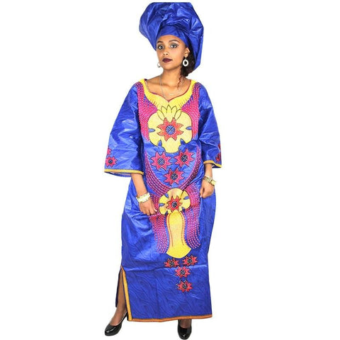 Image of Long Embroidered African Dresses with Scarf Headtie Set-FrenzyAfricanFashion.com