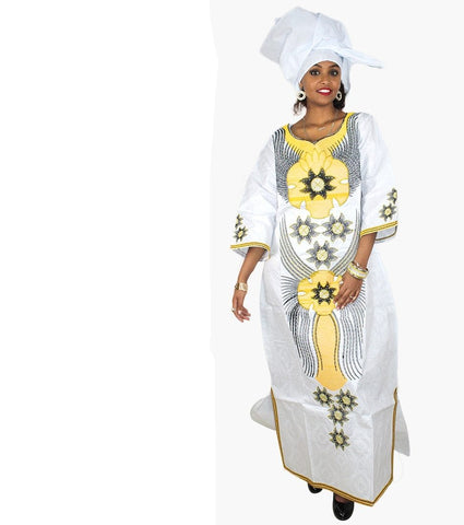 Image of Long Embroidered African Dresses with Scarf Headtie Set-FrenzyAfricanFashion.com