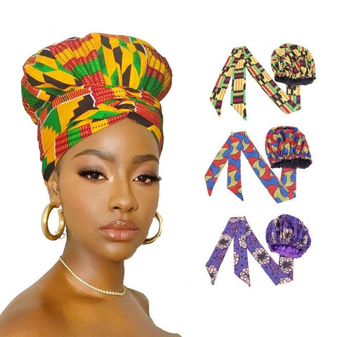 Image of Ankara Pattern Satin Lined Bonnet Women Long Ribbon Headwrap-FrenzyAfricanFashion.com