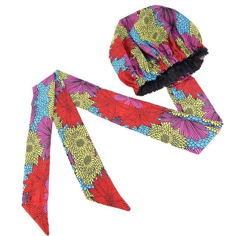 Image of Ankara Pattern Satin Lined Bonnet Women Long Ribbon Headwrap-FrenzyAfricanFashion.com