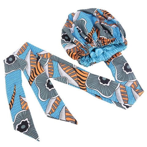Image of Ankara Pattern Satin Lined Bonnet Women Long Ribbon Headwrap-FrenzyAfricanFashion.com