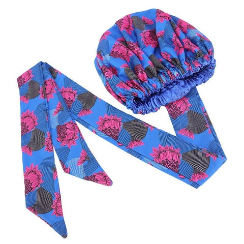 Image of Ankara Pattern Satin Lined Bonnet Women Long Ribbon Headwrap-FrenzyAfricanFashion.com