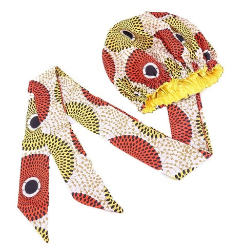 Image of Ankara Pattern Satin Lined Bonnet Women Long Ribbon Headwrap-FrenzyAfricanFashion.com