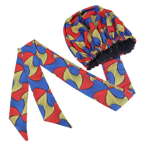 Image of Ankara Pattern Satin Lined Bonnet Women Long Ribbon Headwrap-FrenzyAfricanFashion.com