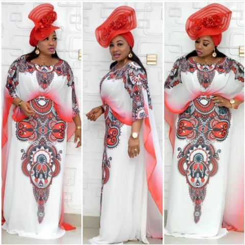 Image of Bibi Designer Dashiki Long Cape Red Floral Maxi White Party Dress-FrenzyAfricanFashion.com