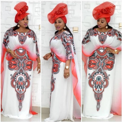 Image of Bibi Designer Dashiki Long Cape Red Floral Maxi White Party Dress-FrenzyAfricanFashion.com
