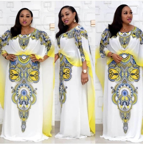 Image of Bibi Designer Dashiki Long Cape Red Floral Maxi White Party Dress-FrenzyAfricanFashion.com