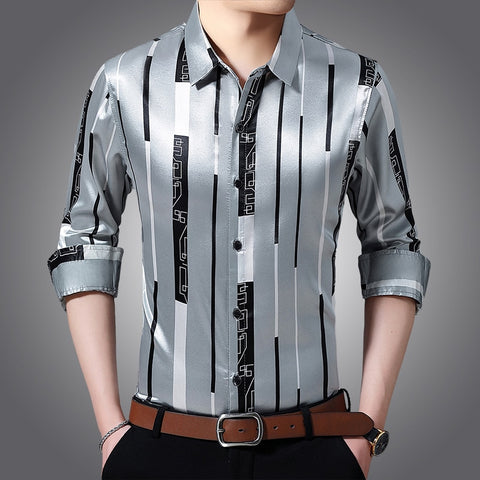 Image of Male Silk Long Sleeve Striped Shirts-FrenzyAfricanFashion.com