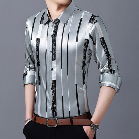 Image of Male Silk Long Sleeve Striped Shirts-FrenzyAfricanFashion.com
