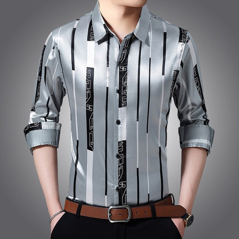 Image of Male Silk Long Sleeve Striped Shirts-FrenzyAfricanFashion.com