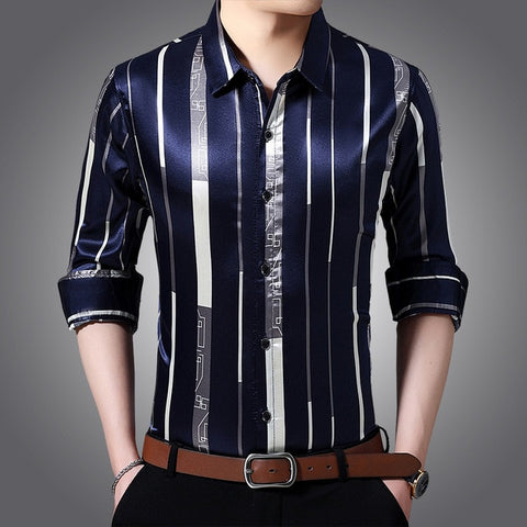 Image of Male Silk Long Sleeve Striped Shirts-FrenzyAfricanFashion.com