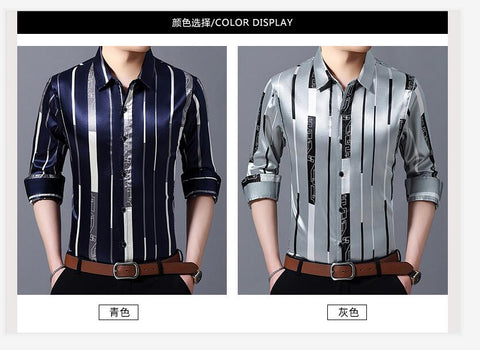 Image of Male Silk Long Sleeve Striped Shirts-FrenzyAfricanFashion.com