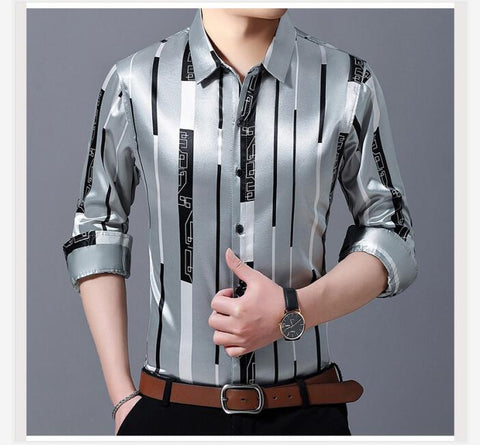 Image of Male Silk Long Sleeve Striped Shirts-FrenzyAfricanFashion.com