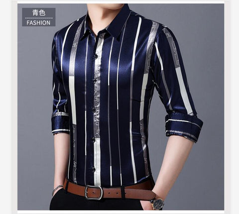 Image of Male Silk Long Sleeve Striped Shirts-FrenzyAfricanFashion.com