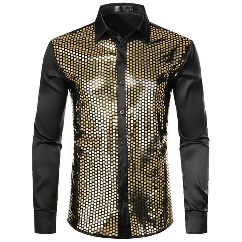 Image of Lakis Designer Sequin Gold Plaid Long Sleeve Satin Black Shirt-FrenzyAfricanFashion.com