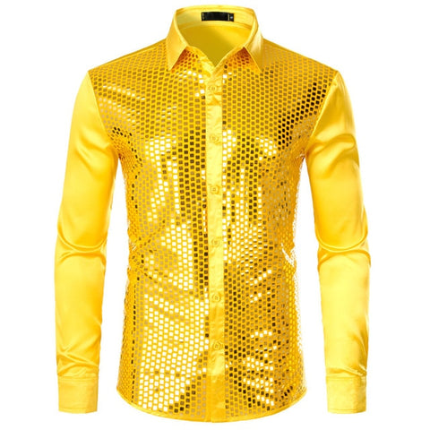 Image of Lakis Designer Sequin Gold Plaid Long Sleeve Satin Black Shirt-FrenzyAfricanFashion.com