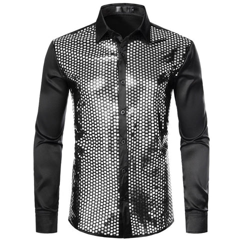 Image of Lakis Designer Sequin Gold Plaid Long Sleeve Satin Black Shirt-FrenzyAfricanFashion.com