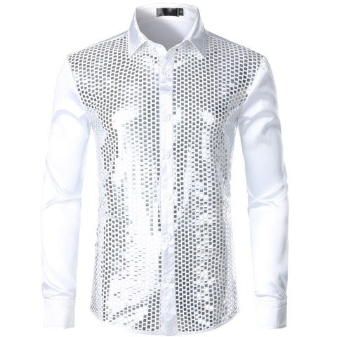 Image of Lakis Designer Sequin Gold Plaid Long Sleeve Satin Black Shirt-FrenzyAfricanFashion.com