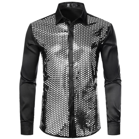 Image of Lakis Designer Sequin Gold Plaid Long Sleeve Satin Black Shirt-FrenzyAfricanFashion.com
