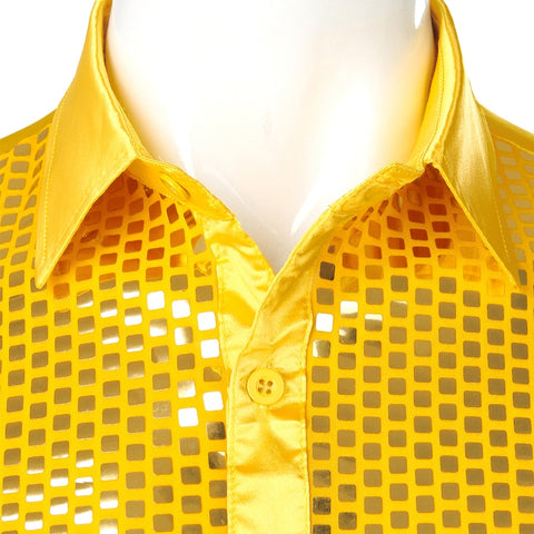 Image of Lakis Designer Sequin Gold Plaid Long Sleeve Satin Black Shirt-FrenzyAfricanFashion.com