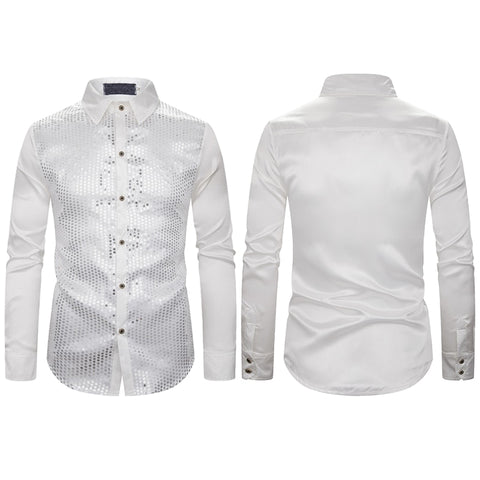 Image of Lakis Designer Luxury Sequin Satin Long Sleeve Dress Shirt-FrenzyAfricanFashion.com
